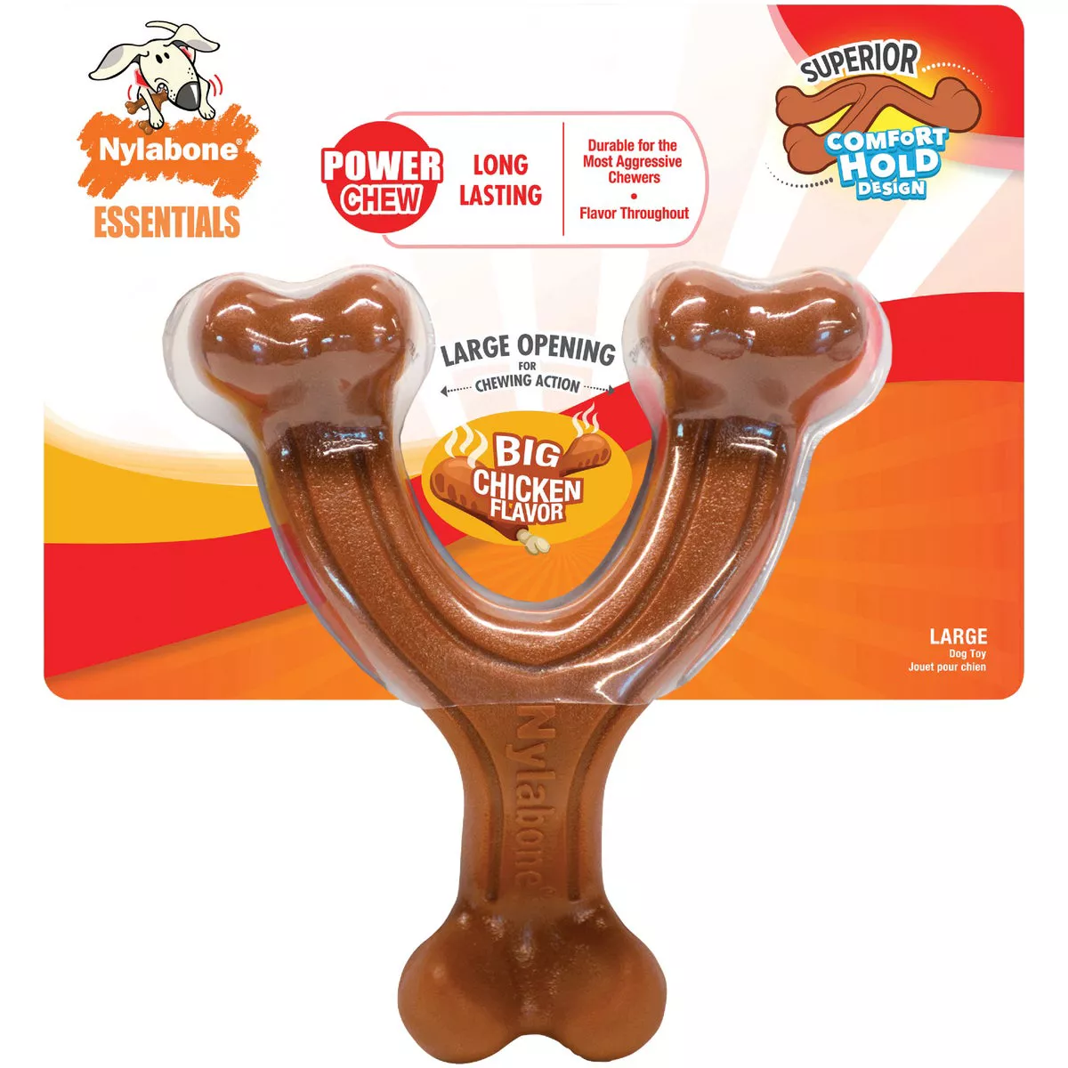 Nylabone Chicken Flavor Ergonomic Hold & Chew Wishbone Power Chew Durable Large Dog Toy