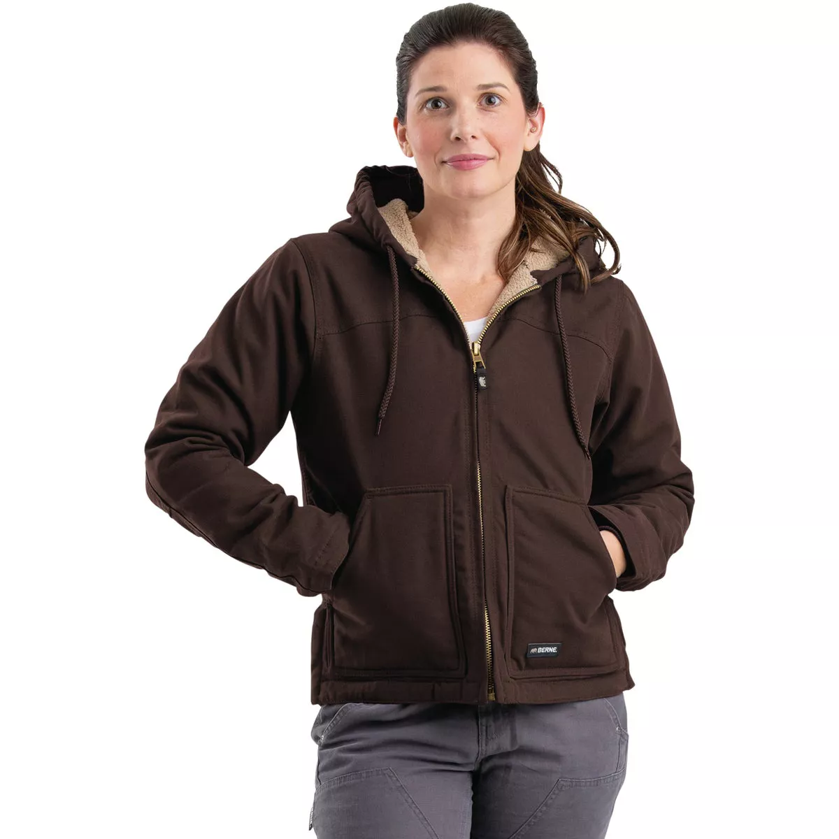 Berne Women's Medium Dark Brown Sherpa-Lined Softstone Duck Hooded Jacket