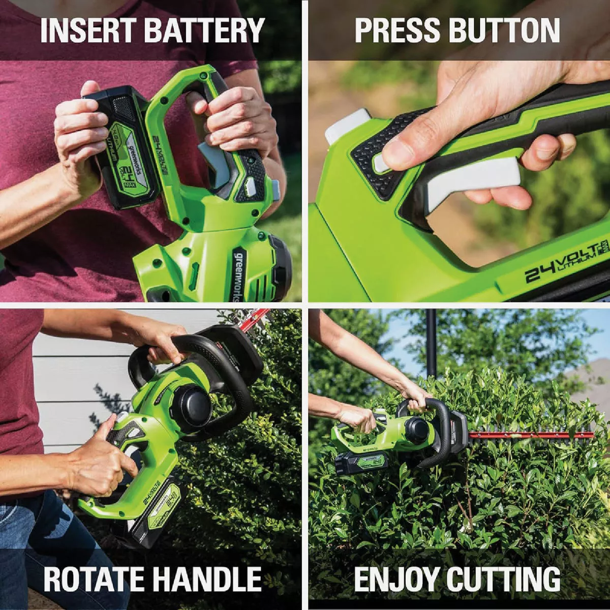 Greenworks 24V 22 In. Cordless Hedge Trimmer with 4.0 Ah USB Battery & Charger - photo 4