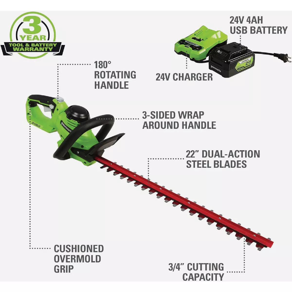 Greenworks 24V 22 In. Cordless Hedge Trimmer with 4.0 Ah USB Battery & Charger - photo 2