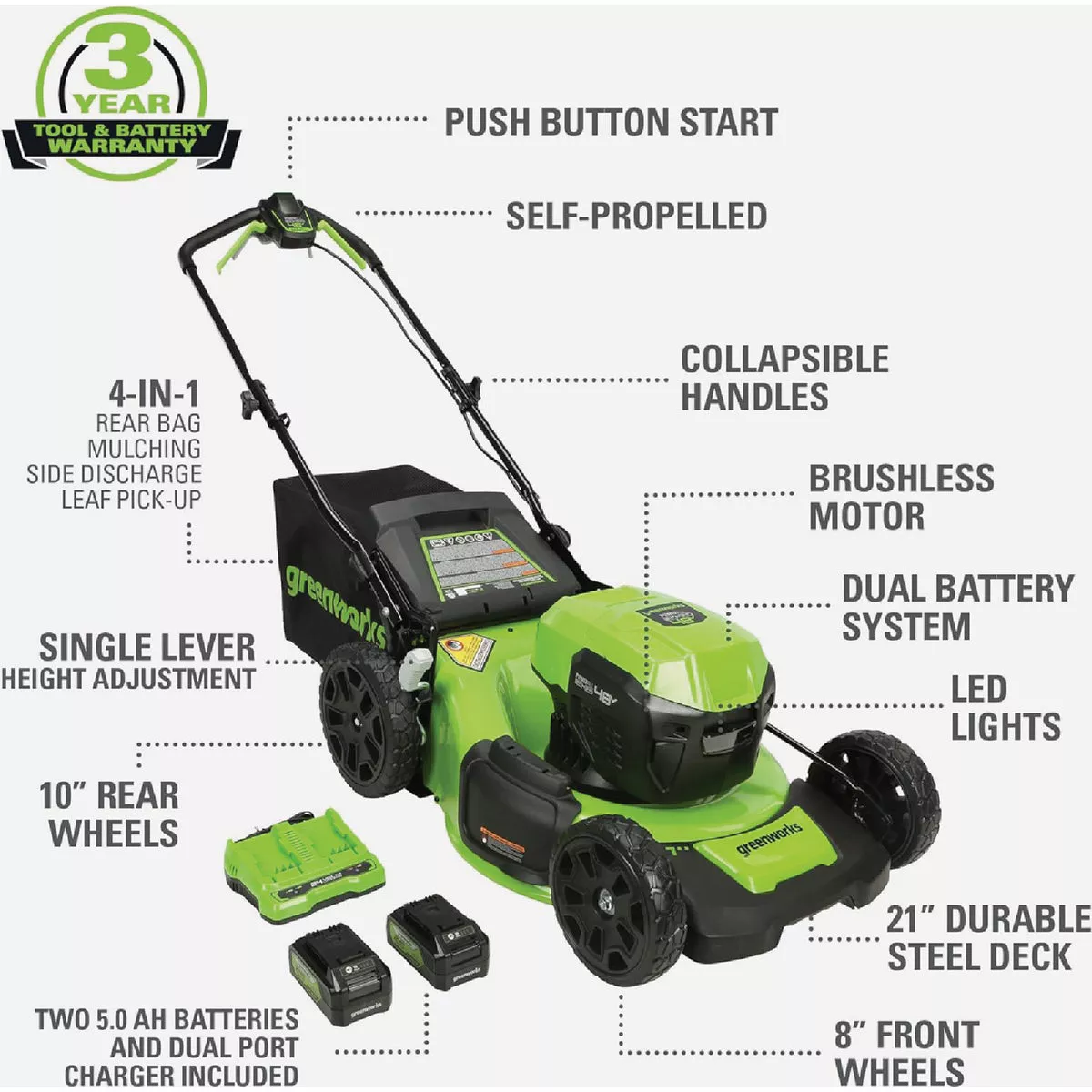 Greenworks 24V (2 x 24V) 21 In. Self-Propelled Lawn Mower with (2) 5.0 Ah Batteries & Dual-Port Charger - photo 7