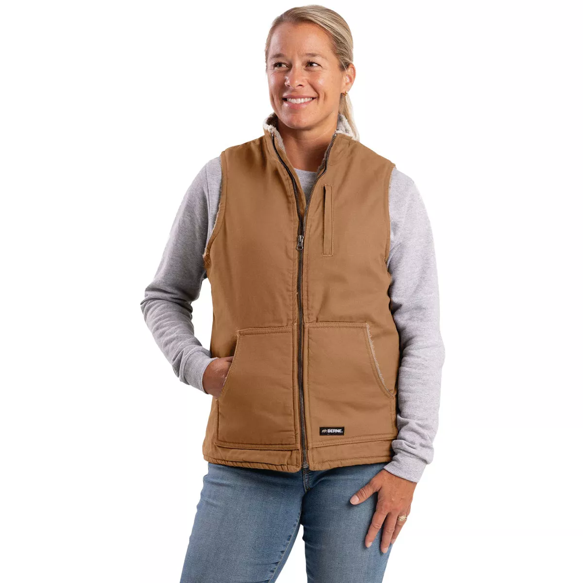 Berne Softstone Women's Large Brown Duck Sherpa-Lined Vest