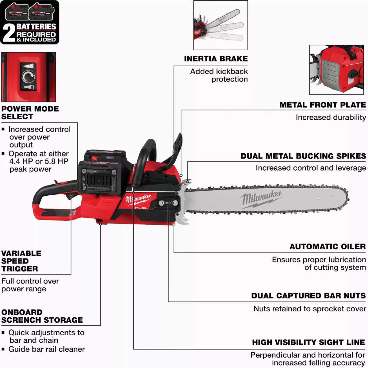 Milwaukee M18 FUEL Brushless 20 In. Cordless Chainsaw Kit with (2) 8.0 Ah Batteries & Charger - photo 3