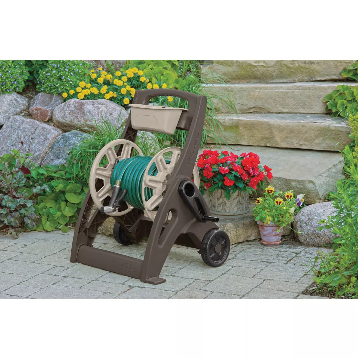 Suncast 225 Ft. x 5/8 In. Taupe & Bronze Hosemobile Resin Hose Reel with Storage Bin - photo 2
