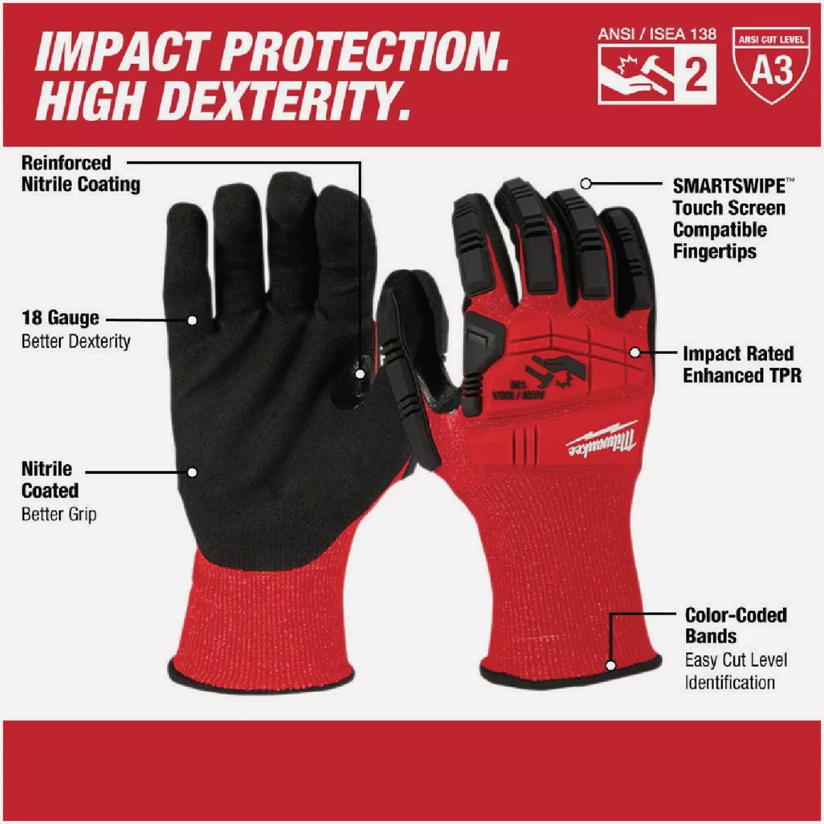 Milwaukee Impact Cut Level 3 Medium Unisex Nitrile Dipped Work Gloves - photo 2