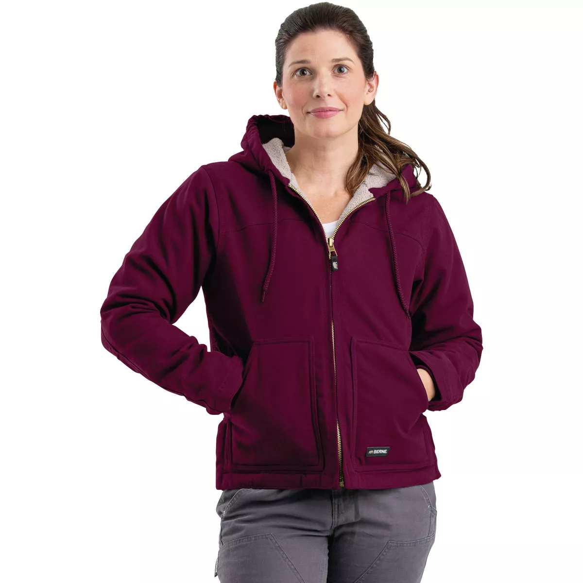 Berne Women's Large Plum Sherpa-Lined Softstone Duck Hooded Jacket