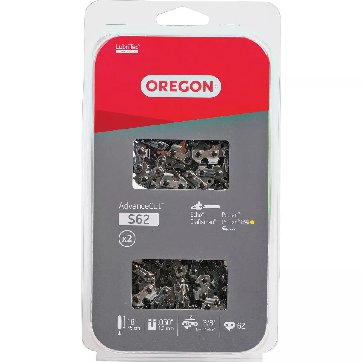 Oregon S62T AdvanceCut Chainsaw Chains 2-Pack, for 18 In. Bar - 62 Drive Links - fits Husqvarna, Echo, Poulan, Craftsman, Echo and more