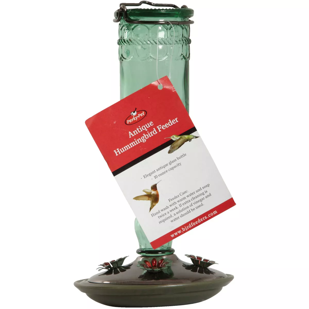 Perky-Pet 10 Oz. Green Glass Antique Bottle Hummingbird Feeder - photo 2