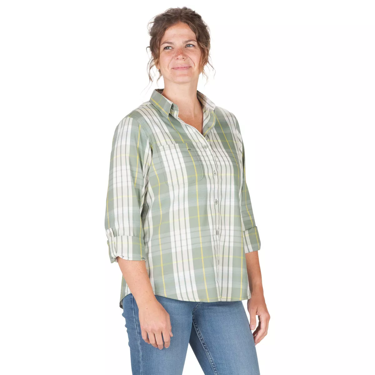 Berne Flex180 Women's 2XL Plaid Green Edamame UPF Button Down Long Sleeve Shirt