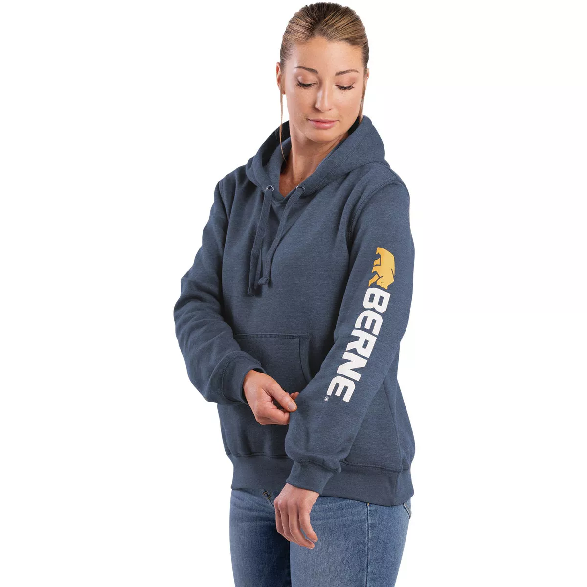 Berne Medium Steel Blue Women's Signature Sleeve Pullover Hooded Sweatshirt
