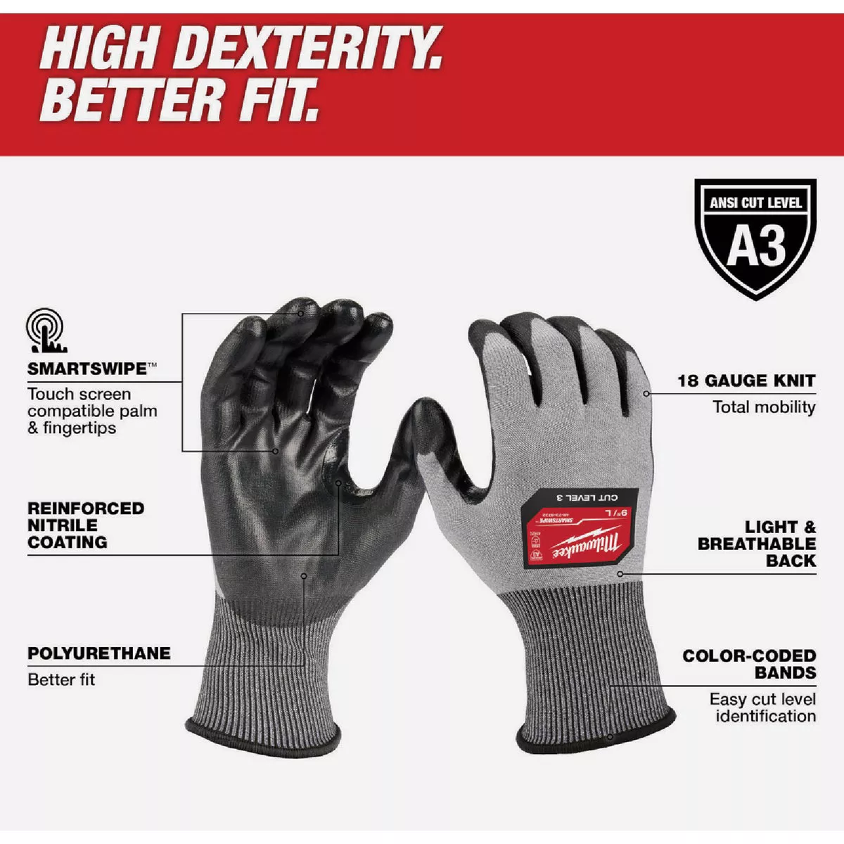 Milwaukee Large Cut Level 3 High Dexterity Polyurethane Dipped Gloves - photo 3