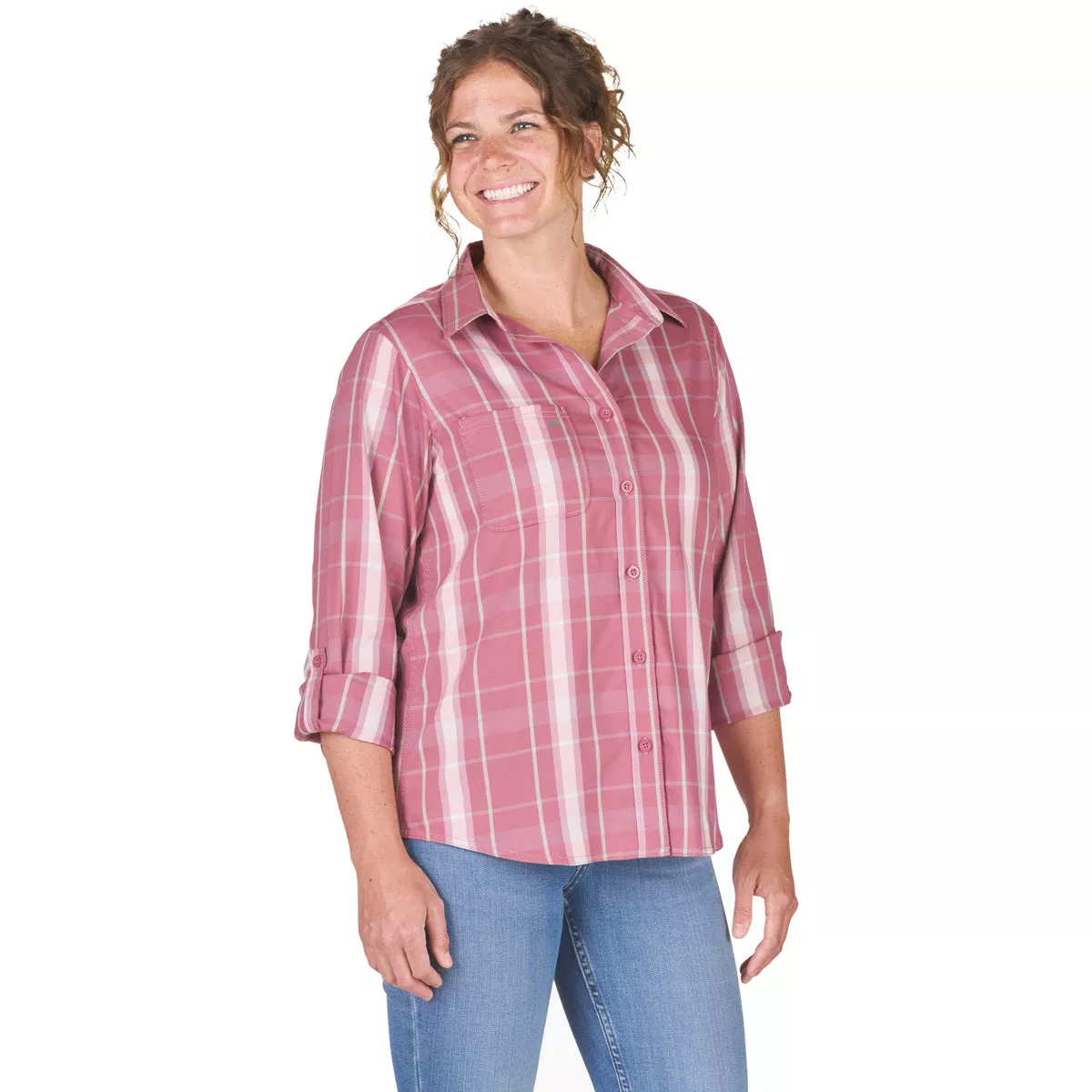 Berne Flex180 Women's Large Plaid Elderberry UPF Button Down Long Sleeve Shirt