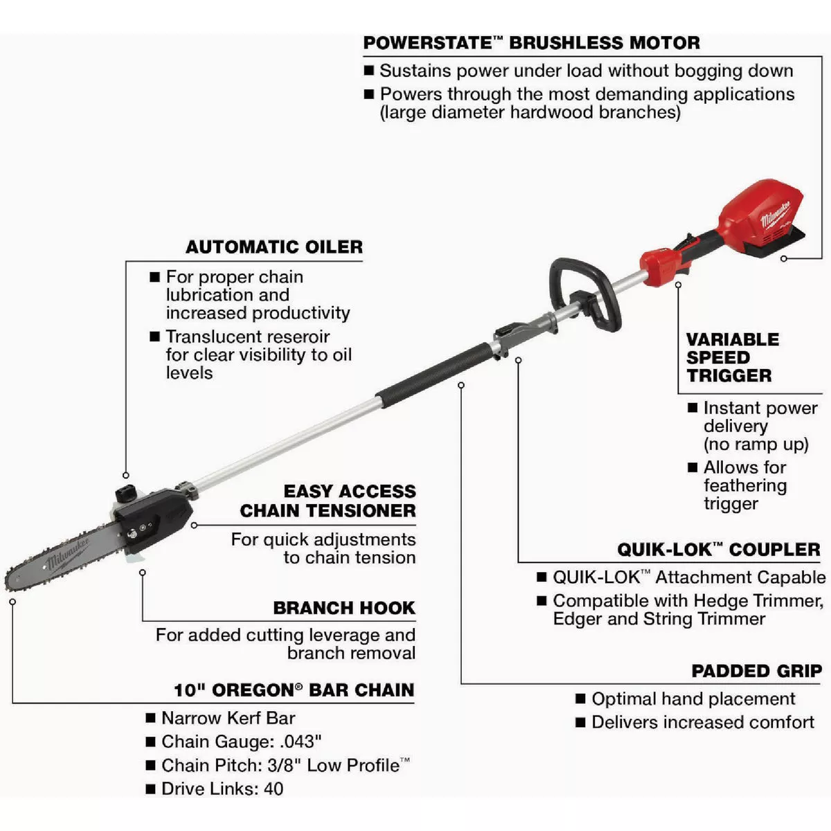 Milwaukee M18 FUEL Brushless 10 In. Cordless Pole Saw with QUIK-LOK Attachment Capability (Tool Only) - photo 5