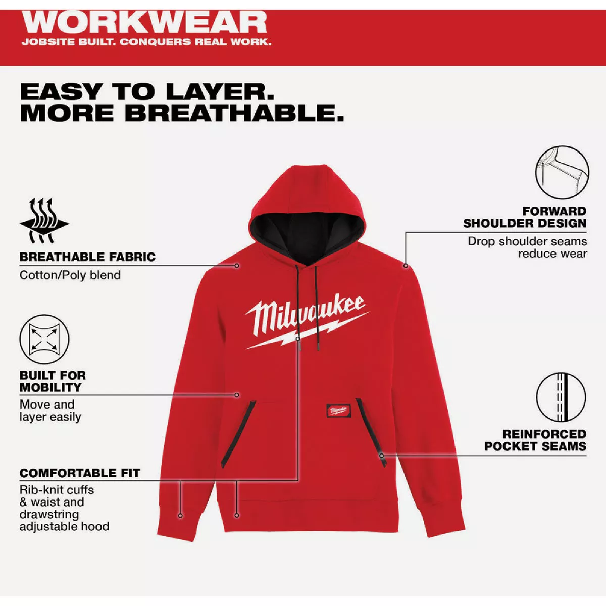 Milwaukee FREEFLEX XL Red Midweight Pullover Hooded Sweatshirt - photo 3