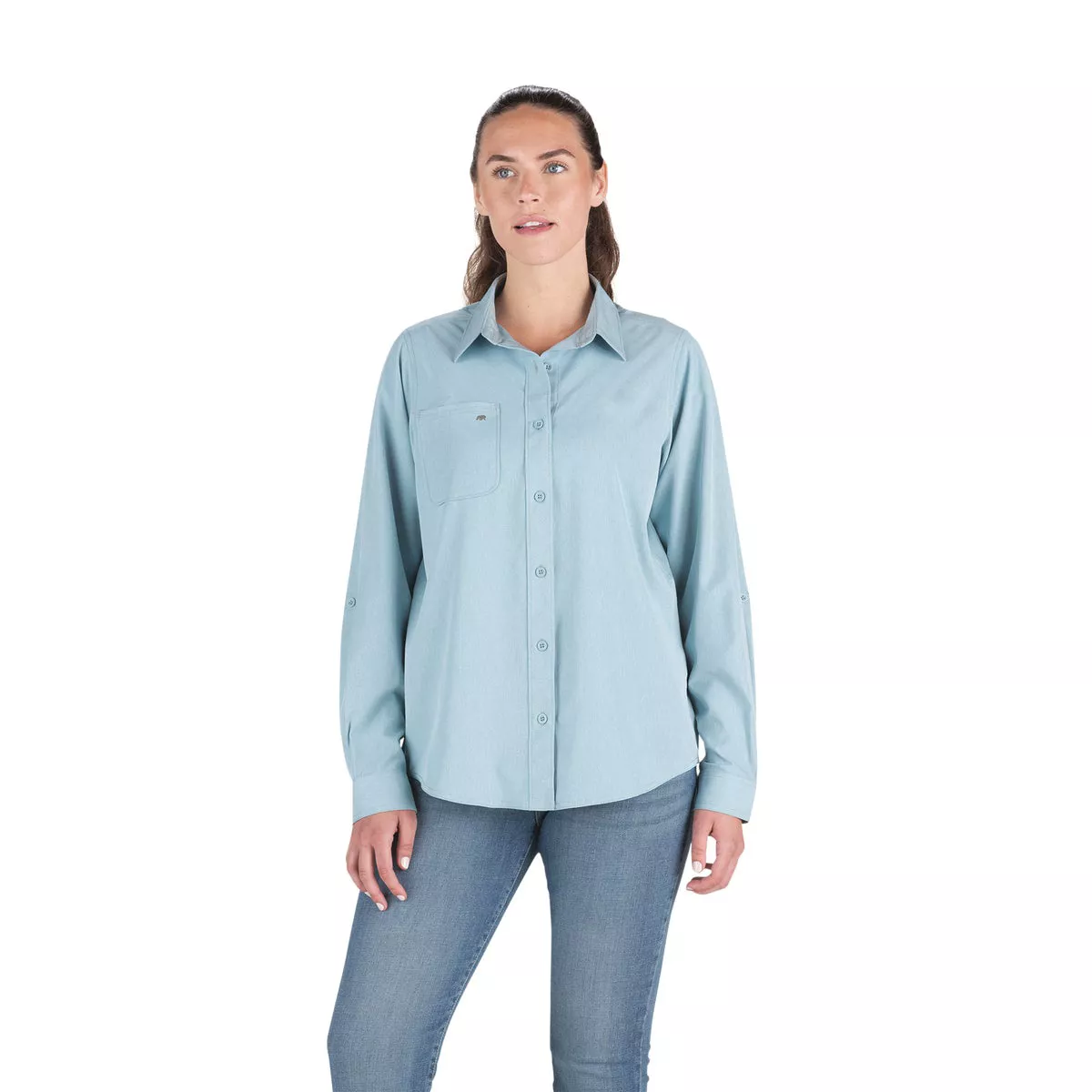 Berne Flex180 Women's Medium Heathered Eggshell Blue UPF Button Down Long Sleeve Shirt