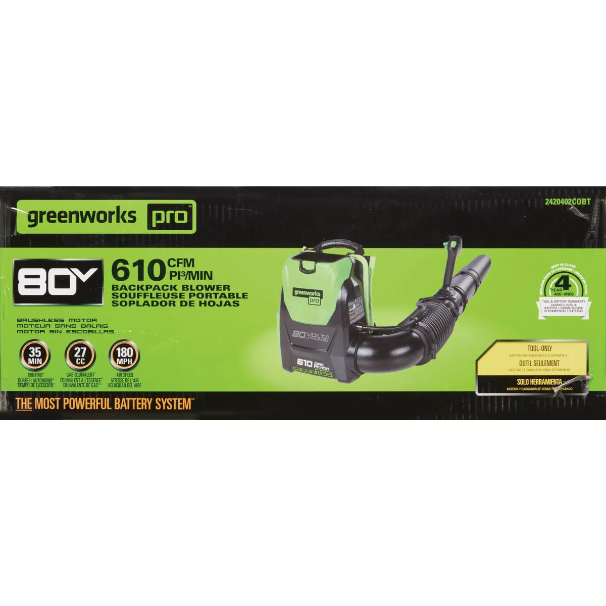 Greenworks 80V 690 CFM 165 MPH Dual-Port Backpack Blower with (2) 4.0 Ah Batteries & Charger - photo 2