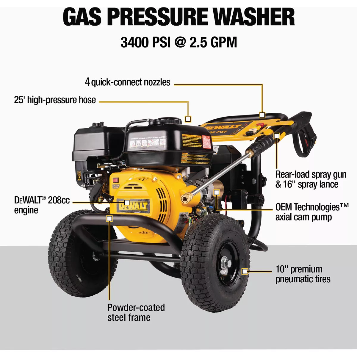 DEWALT 3400 PSI 2.5 GPM Gas Cold Water Pressure Washer with Manual Recoil + E-Start Engine - photo 2