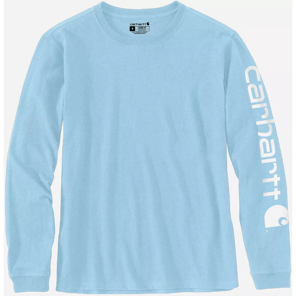 Carhartt Women's Medium Regular Powder Blue Heavyweight Long Sleeve Logo Sleeve Graphic T-Shirt, Loose Fit