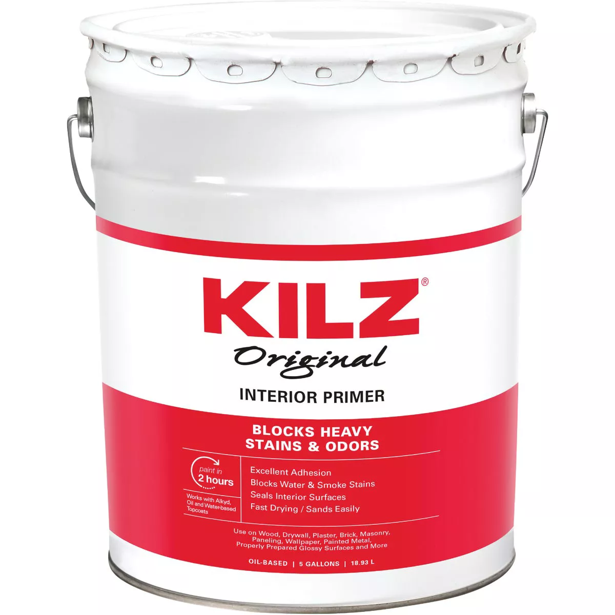 Kilz Original Oil-Based Low VOC Interior Primer Sealer Stainblocker, White, 5 Gal.