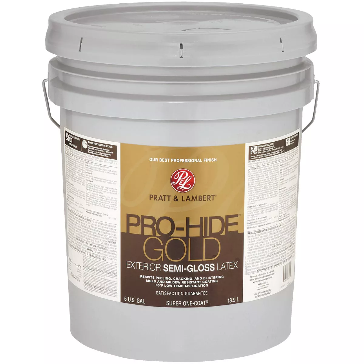 Pratt & Lambert Pro-Hide Gold Latex Semi-Gloss Exterior House Paint, Base 2, 5 Gal.