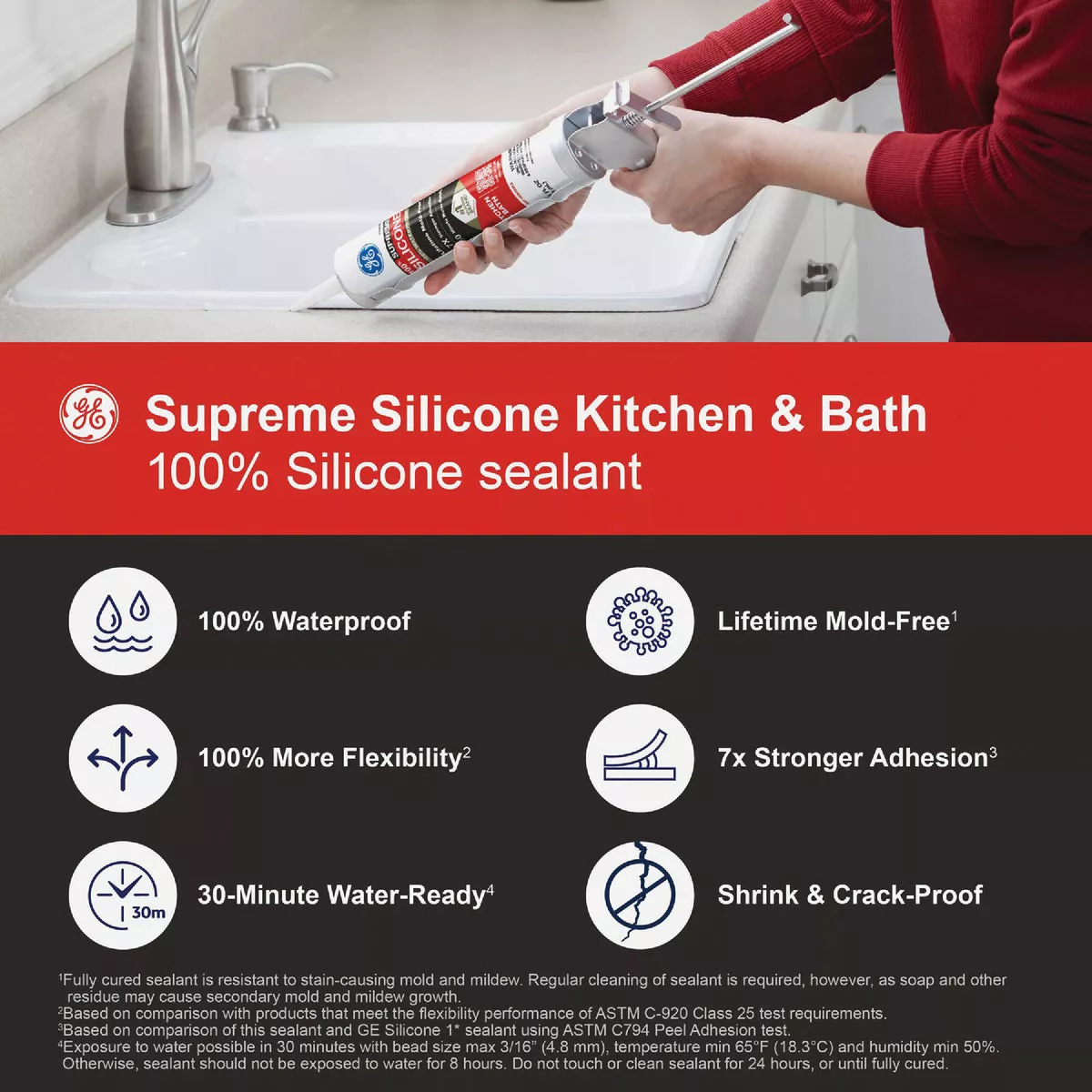 GE Supreme Silicone Kitchen & Bath Sealant, Clear, 10.1 Oz. Cartridge - photo 3