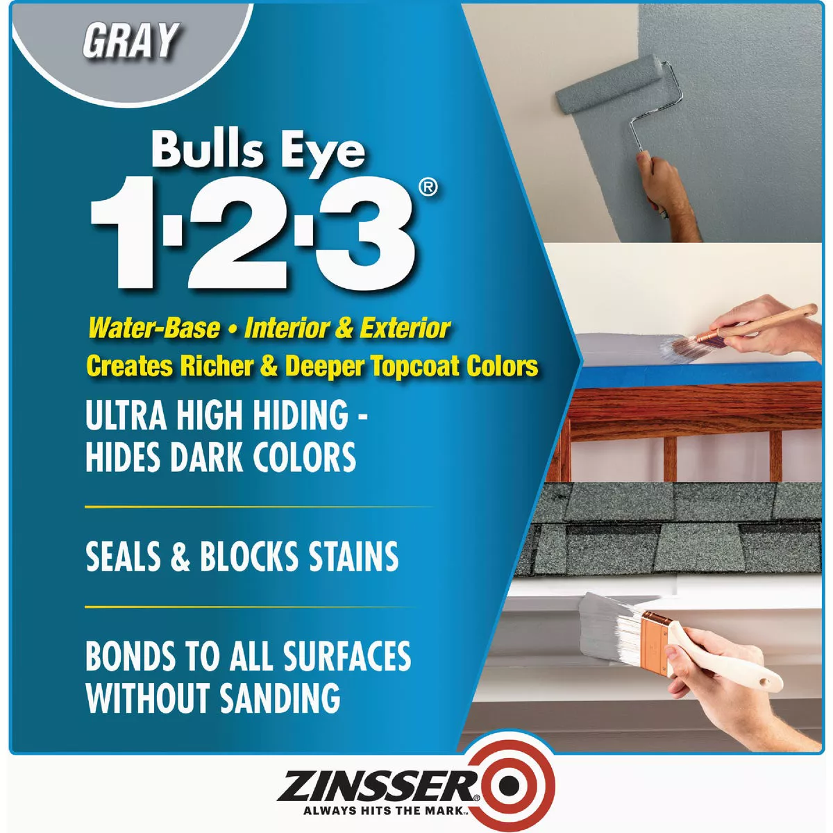 Zinsser Bulls Eye 1-2-3 Water-Base Interior/Exterior Stain Blocking Primer, Gray, 1 Gal. - photo 2