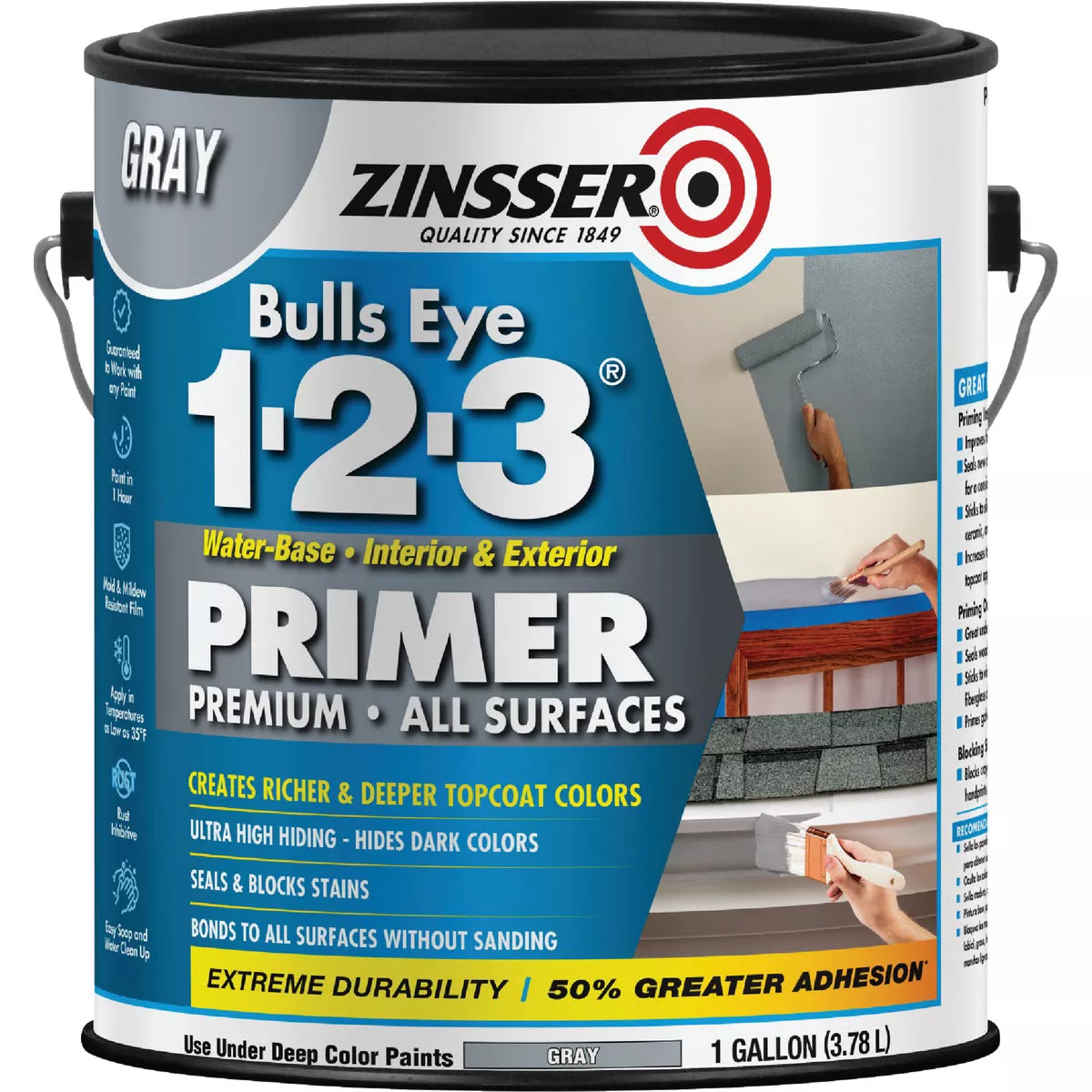 Zinsser Bulls Eye 1-2-3 Water-Base Interior/Exterior Stain Blocking Primer, Gray, 1 Gal. - photo 7
