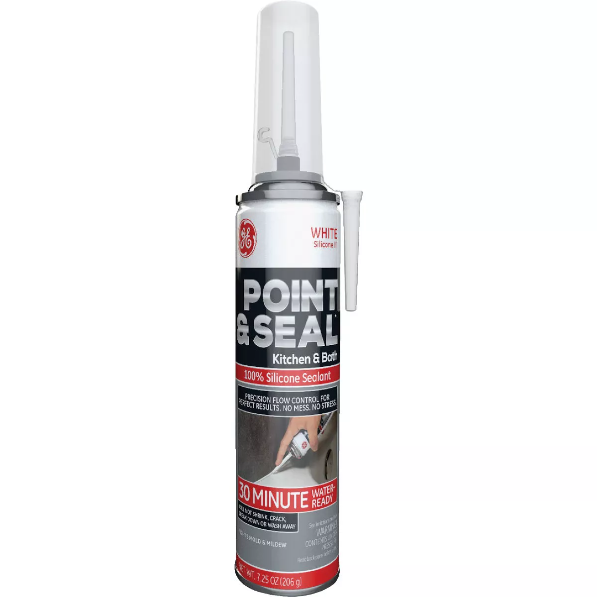 GE Point & Seal Silicone 2+ 7.25 Oz. White Kitchen & Bath 100% Silicone Sealant