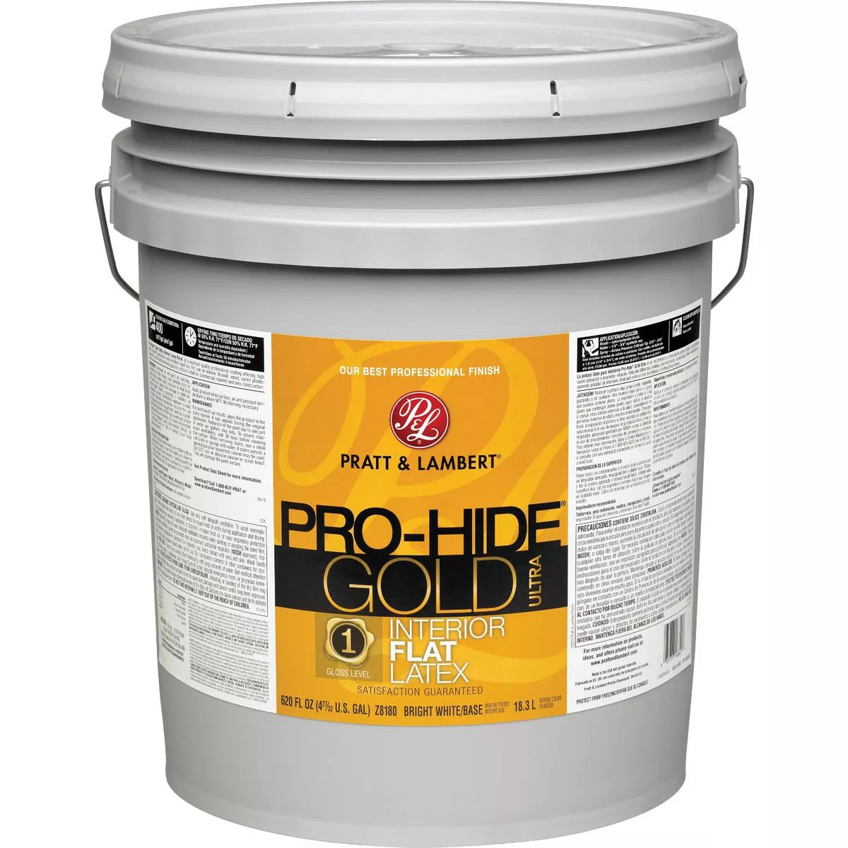Pratt & Lambert Pro-Hide Gold Ultra Latex Flat Interior Wall Paint, Bright White Base, 5 Gal.