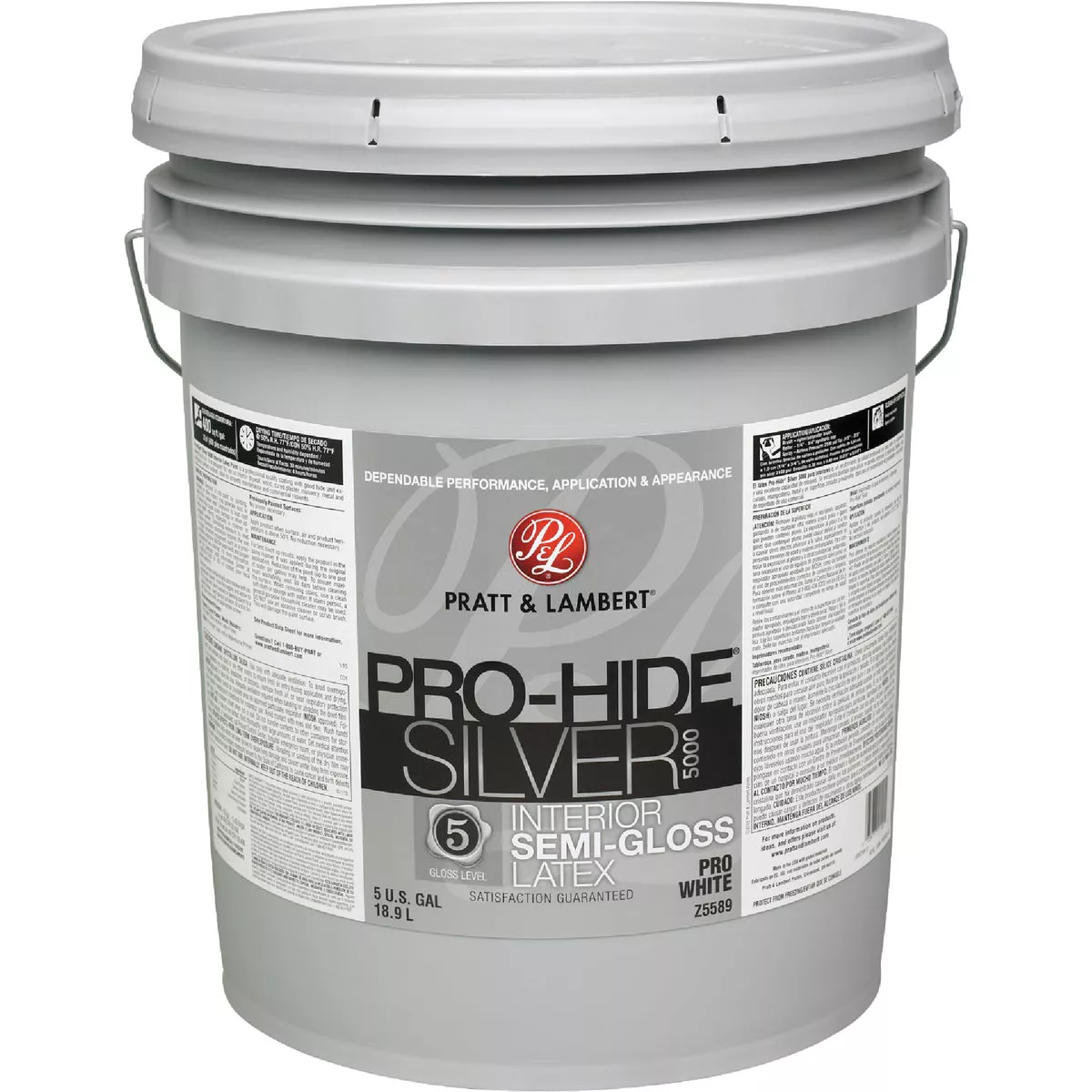 Pratt & Lambert Pro-Hide Silver 5000 Latex Semi-Gloss Interior Wall Paint, Pro White, 5 Gal.