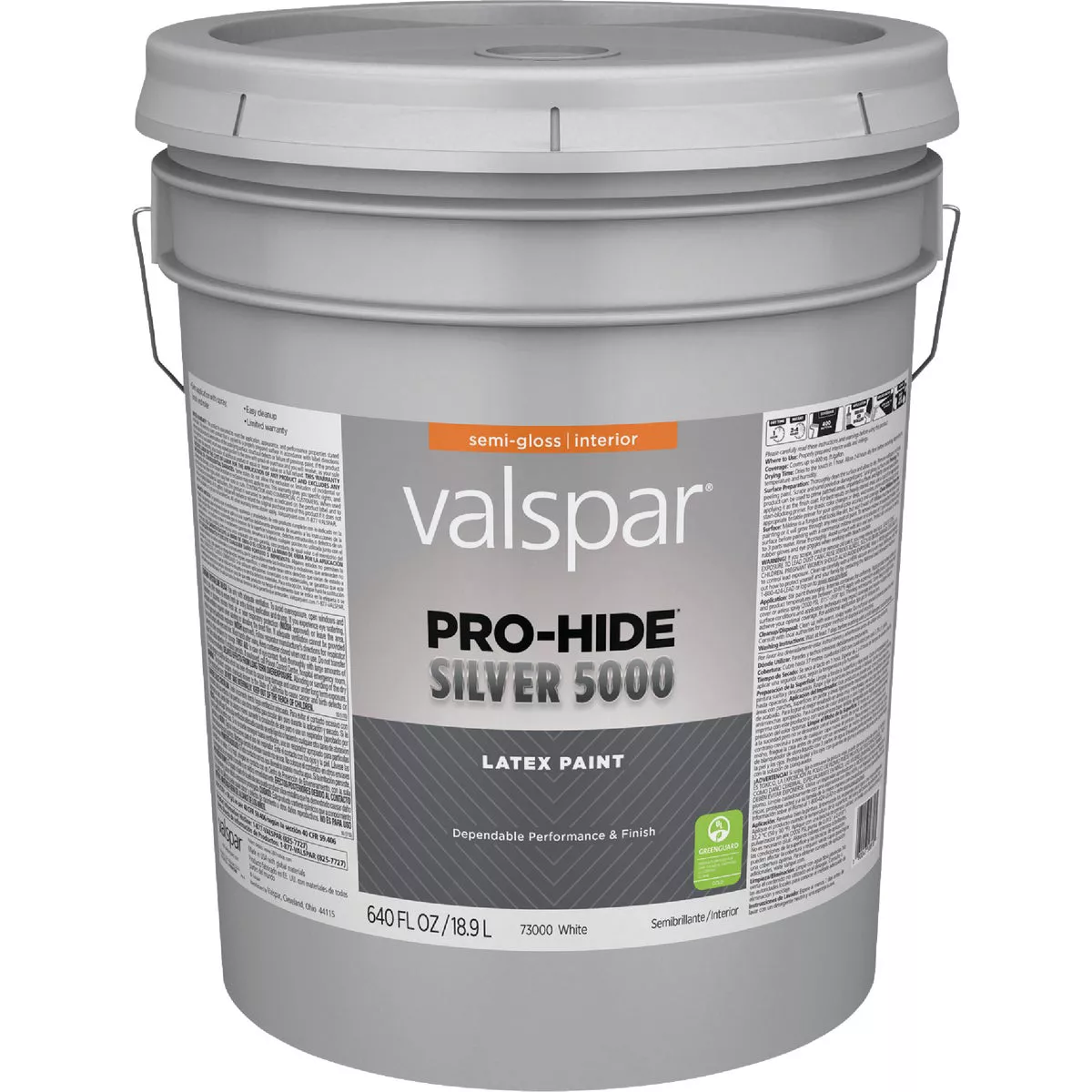 Valspar Pro-Hide Silver 5000 Latex Semi-Gloss Interior Wall Paint, White Base, 5 Gal.