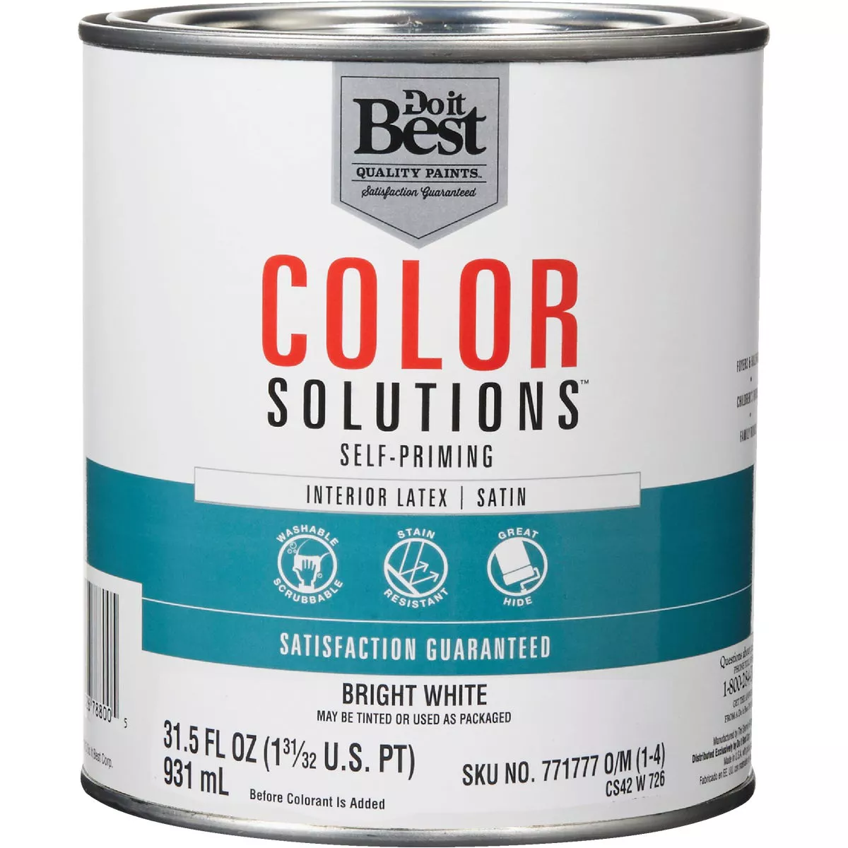 Do it Best Color Solutions Latex Self-Priming Satin Interior Wall Paint, Bright White, 1 Qt.