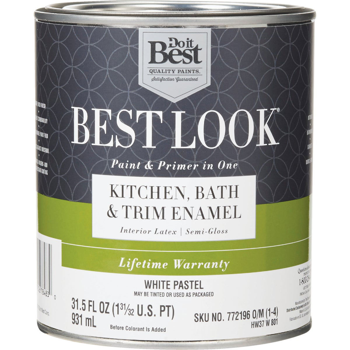 Best Look Latex Paint and Primer In One Kitchen Bath and Trim Semi-Gloss Interior Wall Paint White-Pastel Base 1 Qt 