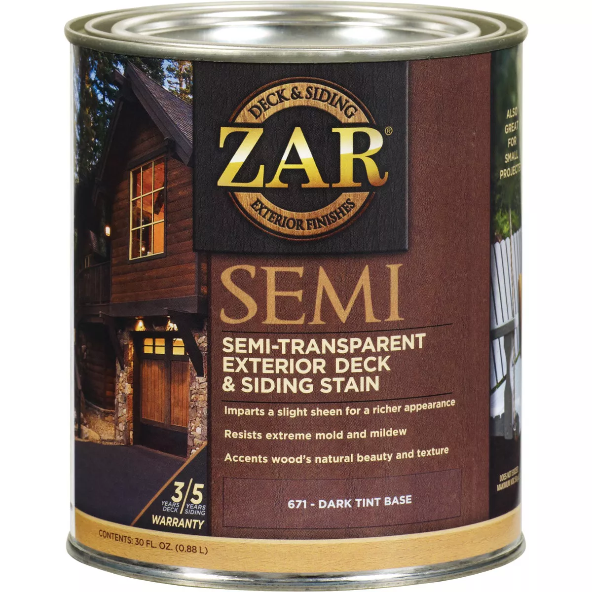 ZAR Semi-Transparent Exterior Deck & Siding Stain, Dark Tint Base, 1 Qt.