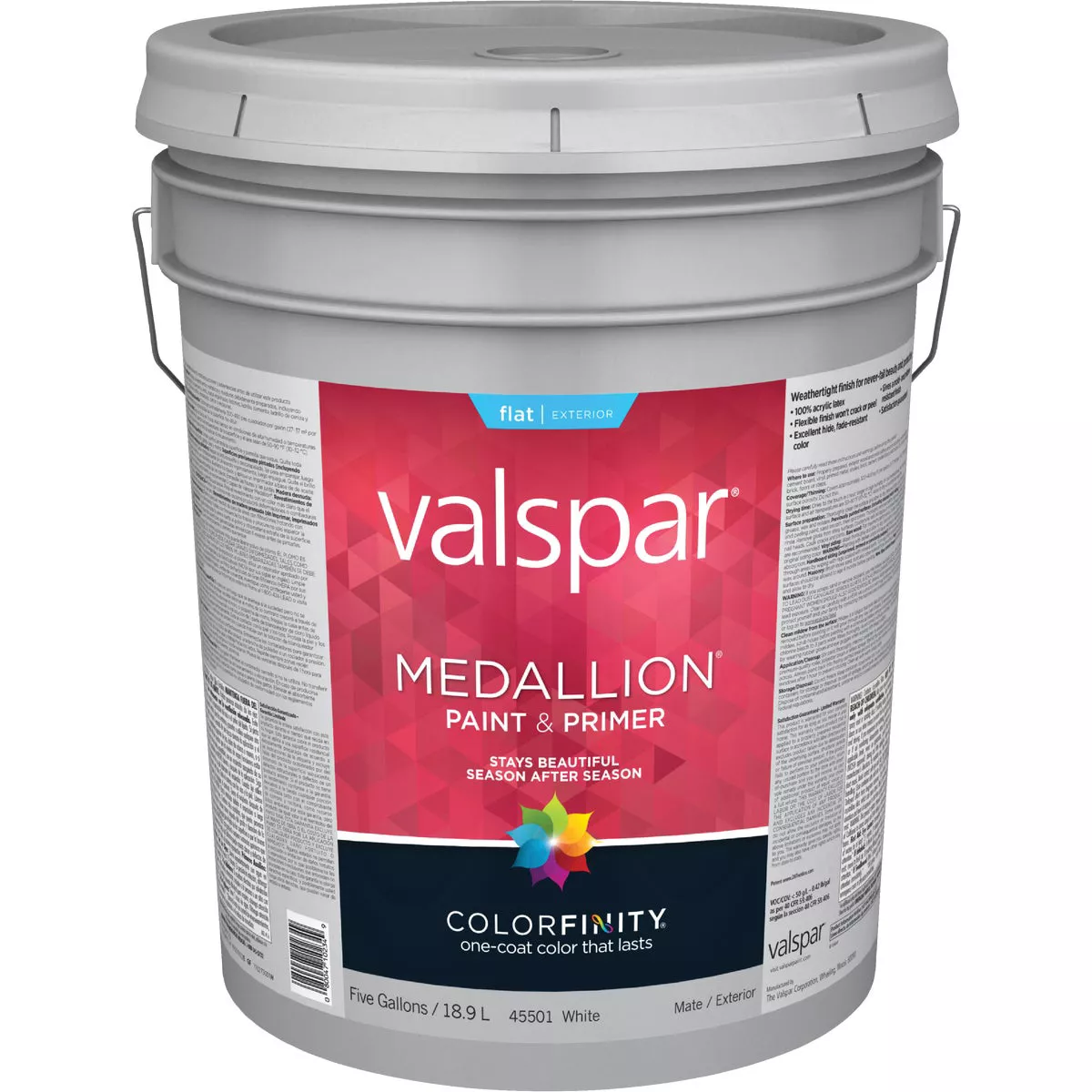 Valspar Medallion 100% Acrylic Paint & Primer Flat Exterior House Paint, White, 5 Gal.