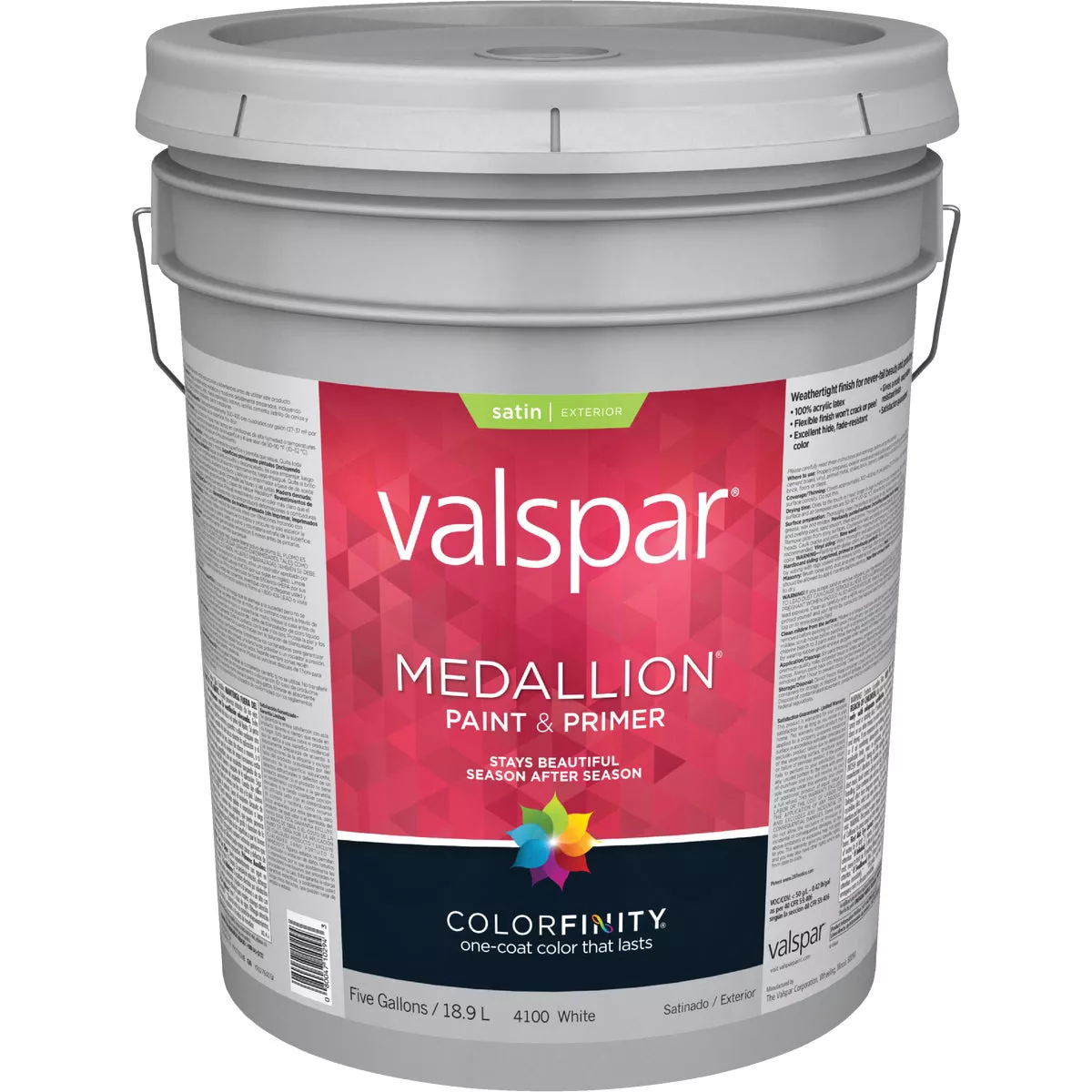Valspar Medallion 100% Acrylic Paint & Primer Satin Exterior House Paint, White, 5 Gal.