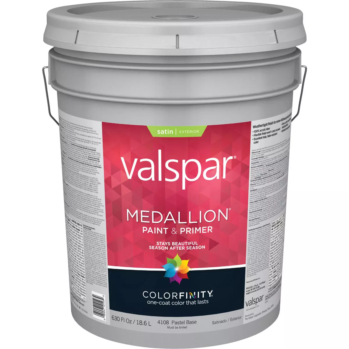 Valspar Medallion 100% Acrylic Paint & Primer Satin Exterior House Paint, Pastel Base, 5 Gal.