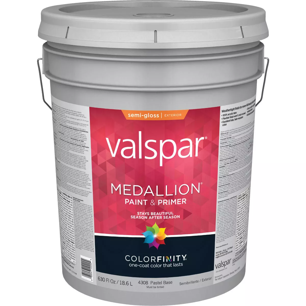 Valspar Medallion 100% Acrylic Paint & Primer Semi-Gloss Exterior House Paint, Pastel Base, 5 Gal.