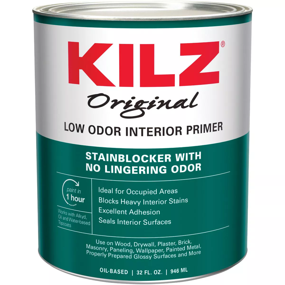 Kilz Original Low Odor Oil-Based Interior Primer Sealer Stainblocker, White, 1 Qt.