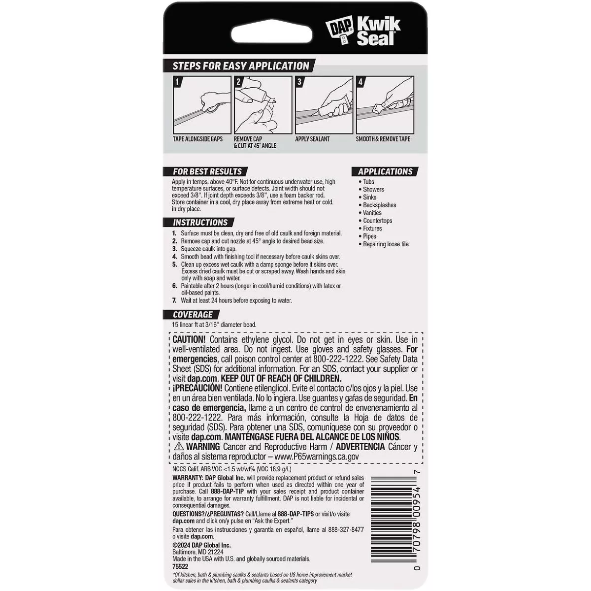 DAP Kwik Seal 2.8 Oz. White Kitchen & Bath Adhesive Caulk - photo 3