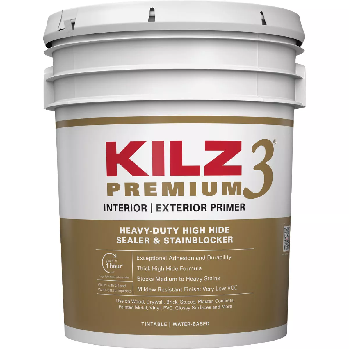 KILZ 3 Premium Water-Base Interior/Exterior Sealer Stain Blocking Primer, White, 5 Gal.