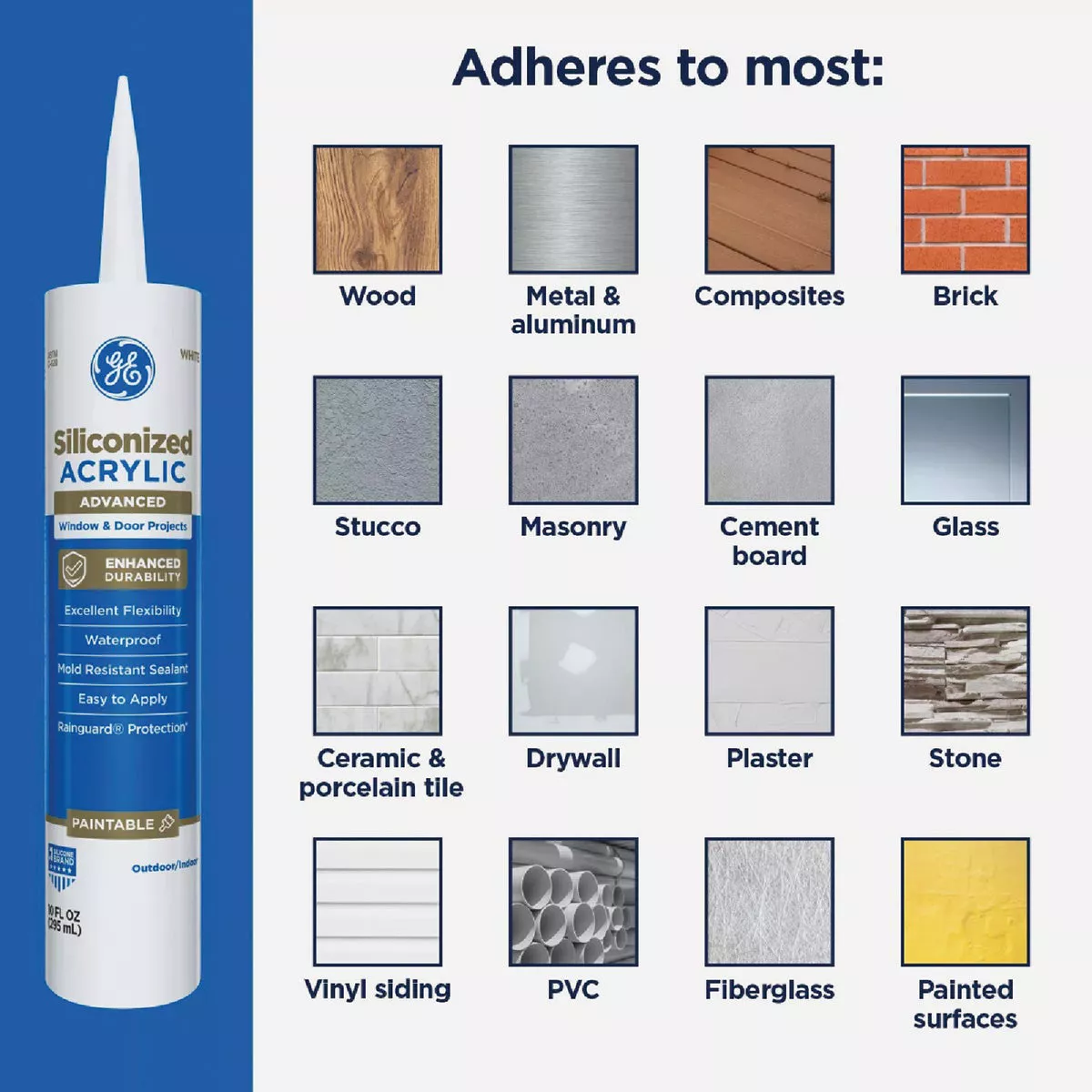 GE Siliconized Acrylic Advanced Window & Door Sealant, White, 10 Oz. Cartridge - photo 3