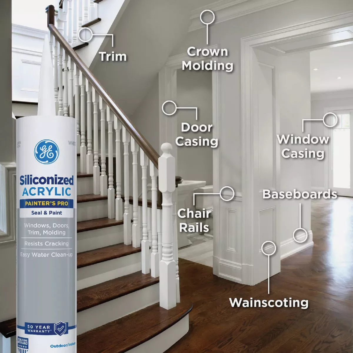 GE Siliconized Acrylic Painters Pro Seal & Paint Sealant, White, 10 Oz. Cartridge - photo 5