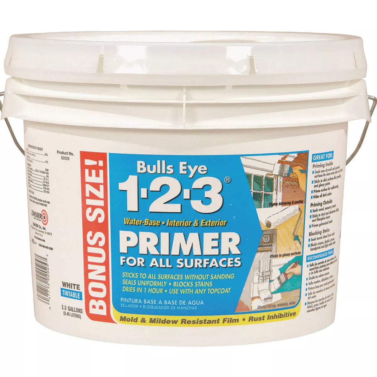 Zinsser Bulls Eye 1-2-3 Water-Base Interior/Exterior Stain Blocking Primer, White, 2.5 Gal. - photo 2