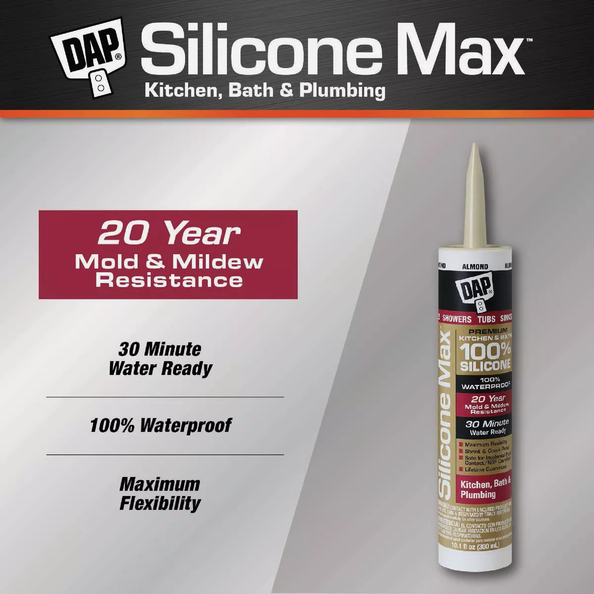 DAP Silicone Max 10 Oz. Almond Premium Kitchen, Bath & Plumbing 100% Silicone Sealant - photo 2