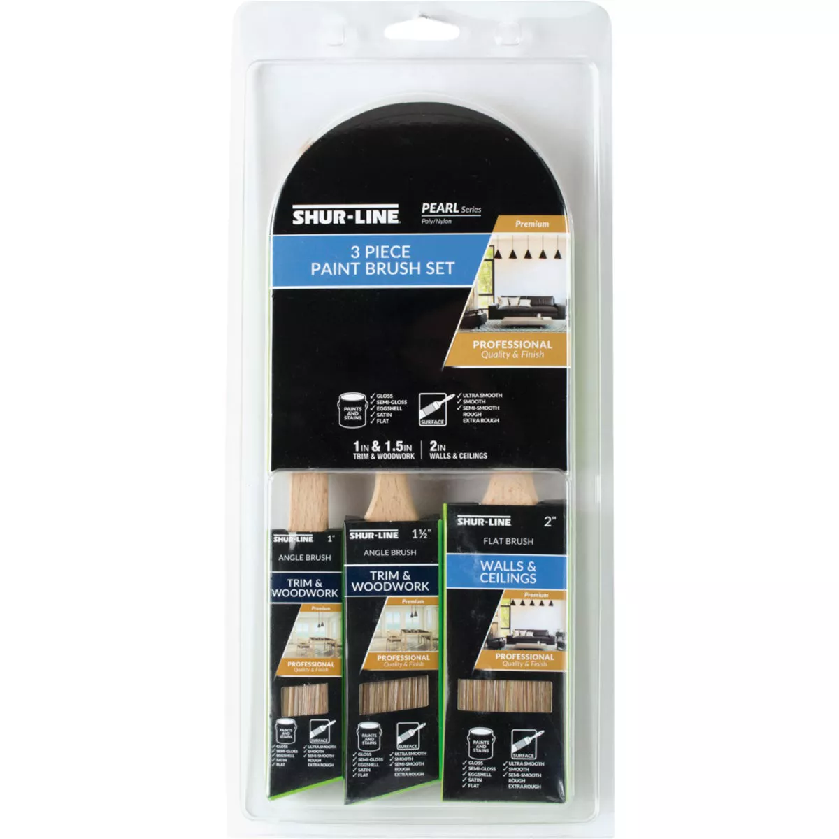 Shur-Line Shur-Flow 1 In. Angle, 1-1/2 In. Angle, 2 In. Flat Paint + Primer Non-Stick Polyester Paint Brush Set (3-Pack)
