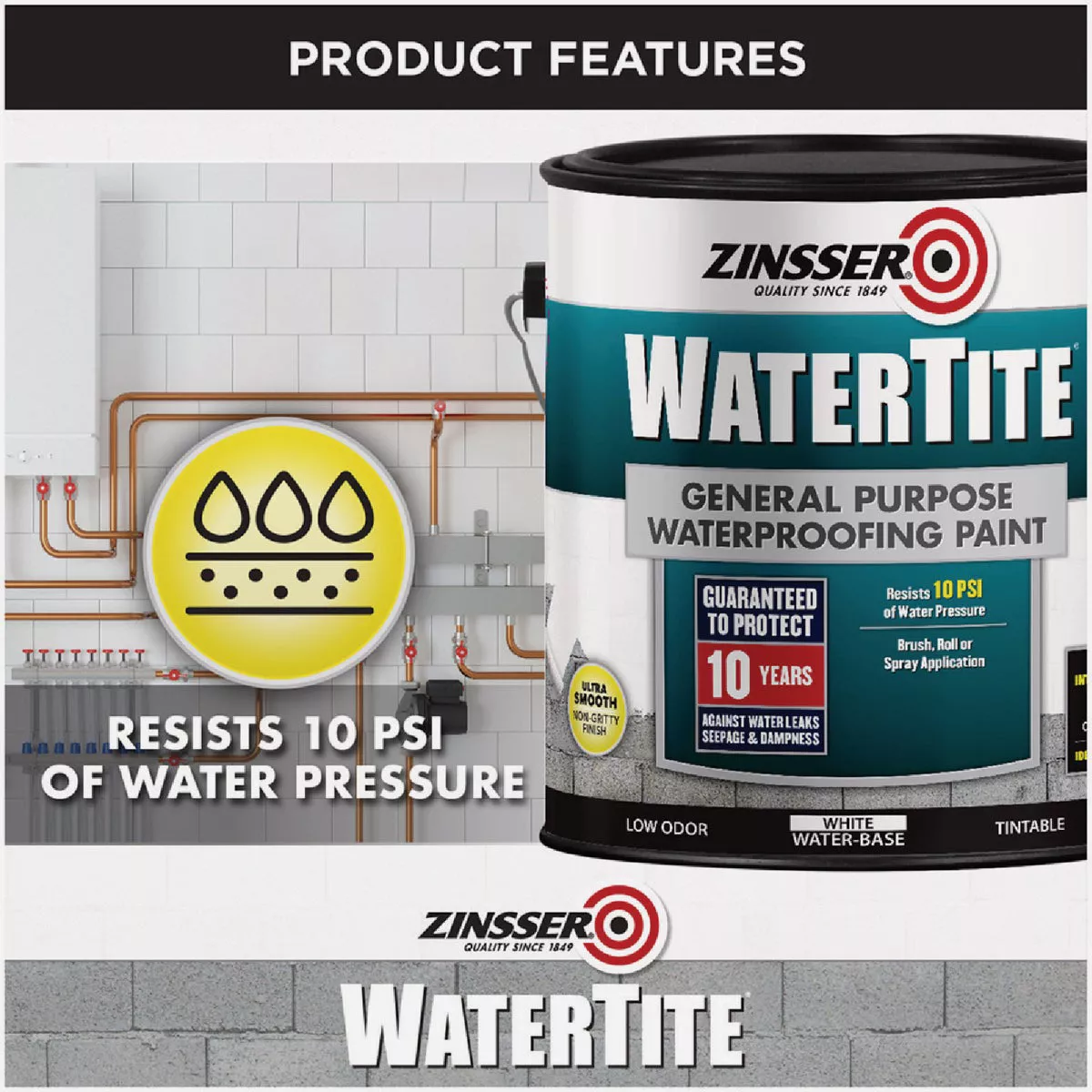 Zinsser WaterTite White General Purpose Waterproofing Paint, 1 Gal. - photo 4