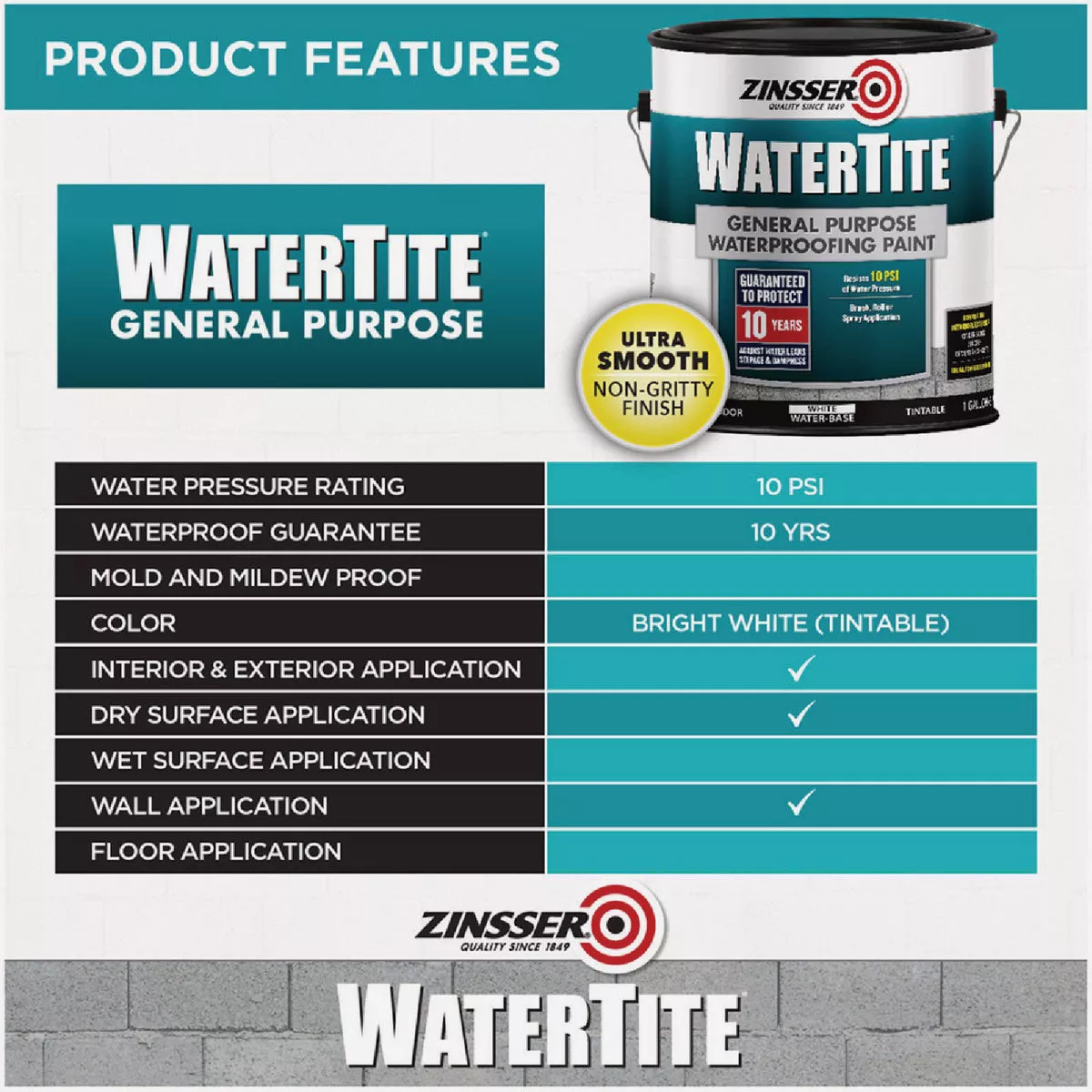 Zinsser WaterTite White General Purpose Waterproofing Paint, 1 Gal. - photo 2