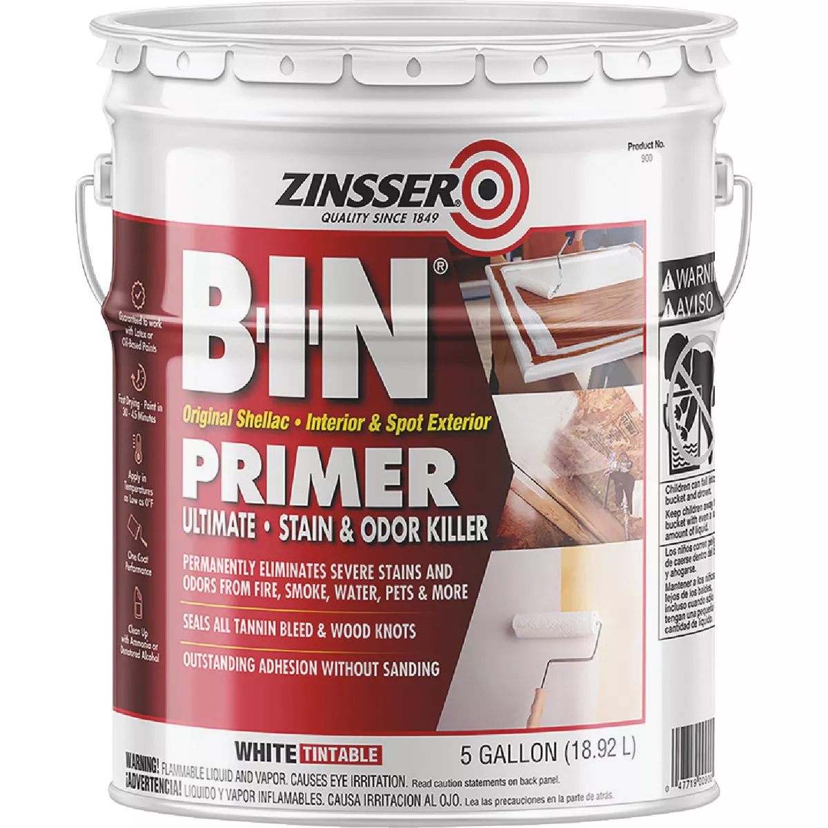 Zinsser B-I-N Shellac-Based Ultimate Stain Blocker Interior & Spot Exterior Primer, White, 5 Gal.