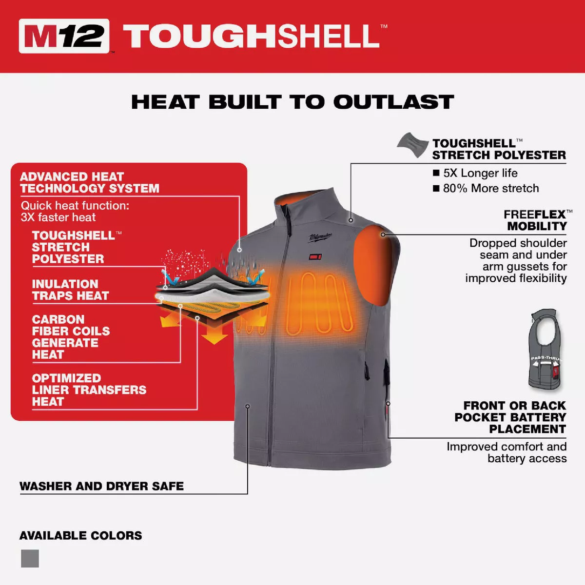 Milwaukee M12 TOUGHSHELL Men's Gray Cordless Heated Vest, 2XL - photo 7